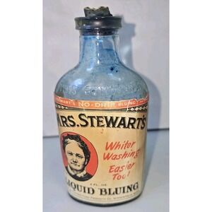 Vintage Mrs. Stewarts Liquid Bluing Glass Bottle With Cork Lid